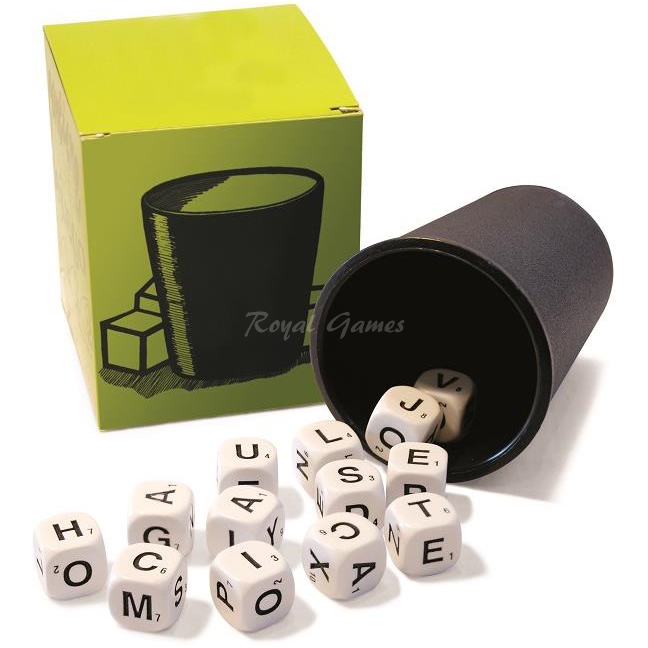Set 13 Alphabet dice & dice cups 85 x 70 mm. - upper case 